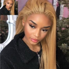 Human hair glueless 150% density 13×4 honey blonde lace front wig