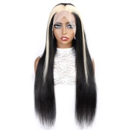 Skunk stripe wig – glueless 150% density black hair with blonde highlights 13×4 frontal wig